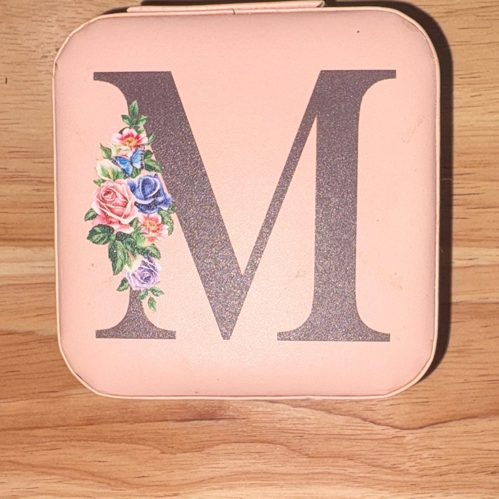 Soft Pink Floral Zip-Up Jewelry Box with Mirror and initial M